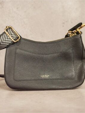 Lauren Ralph Lauren Black Saffiano Shoulder Bag with Patterned Strap